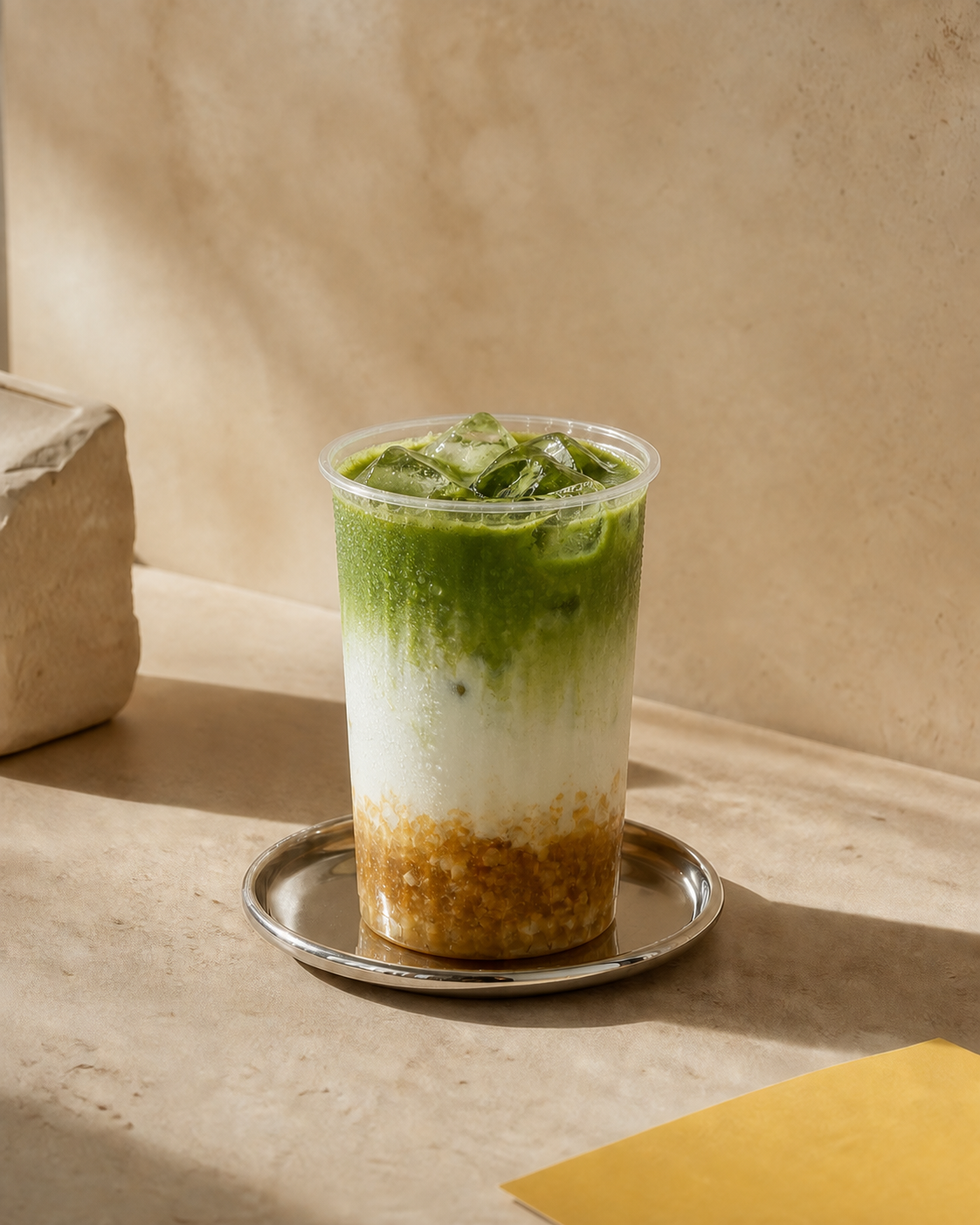 Layered banana brown sugar matcha latte on a warm stone café set