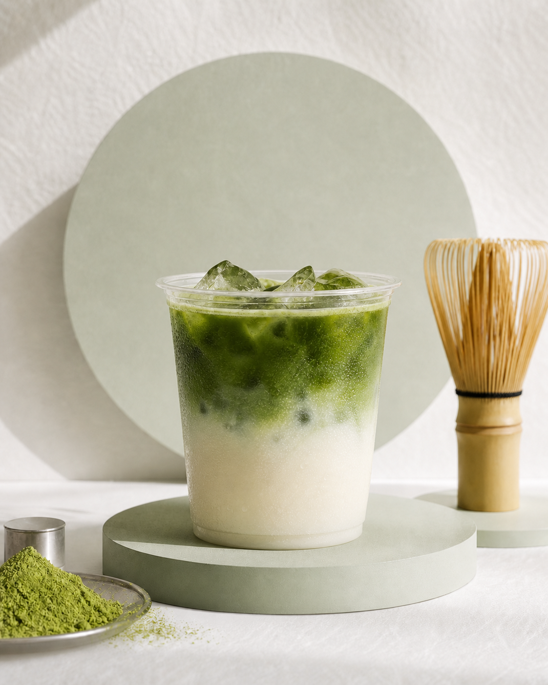 Classic iced matcha latte beside a bamboo whisk