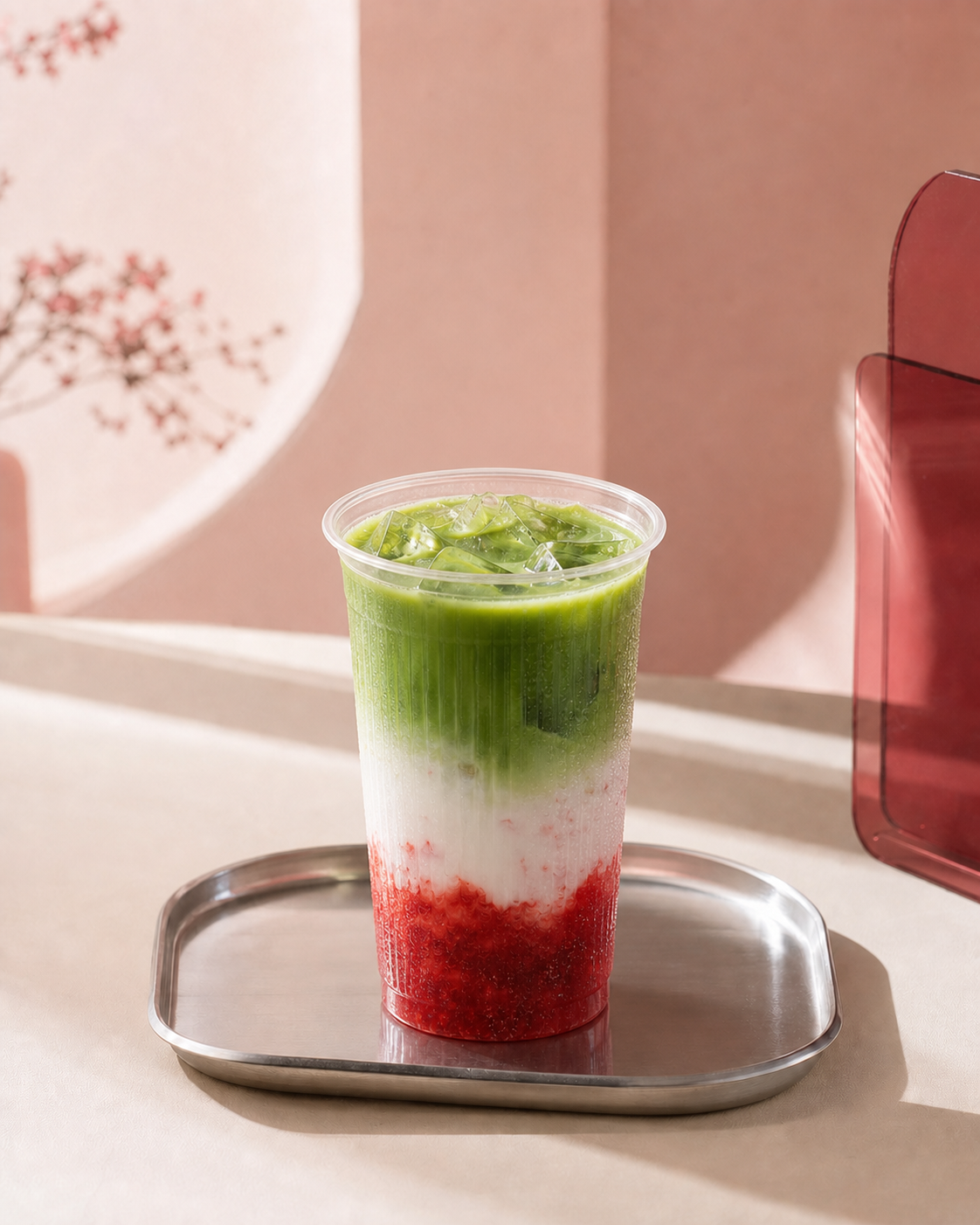 Layered strawberry matcha latte on a blush-pink café set